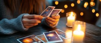 a person reading tarot cards by candlelight in a cozy setting with warm lights during a tranquil evening photo 1